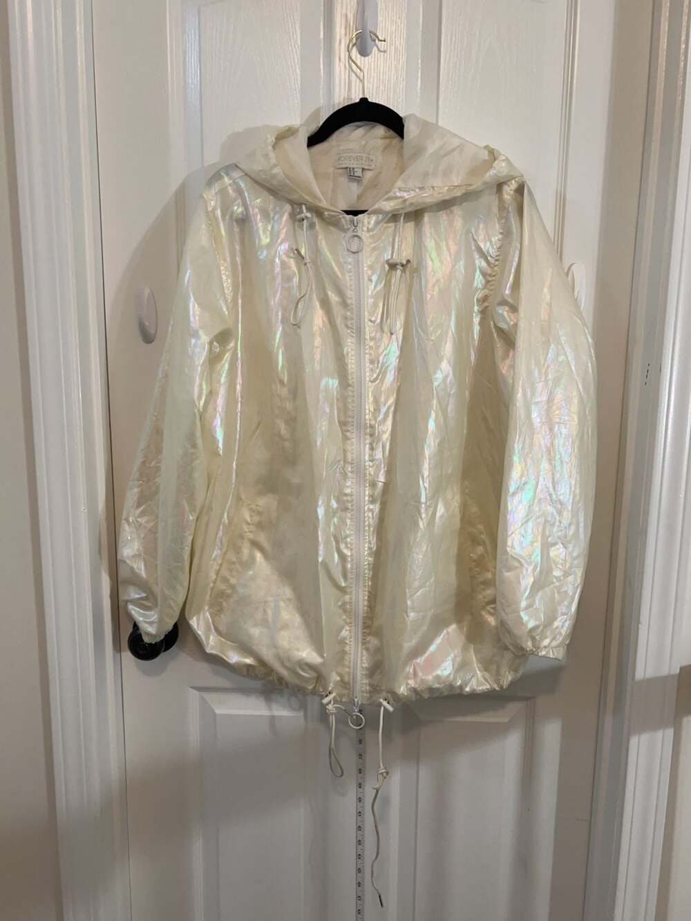 Forever 21 White Holographic Windbreaker Jacket: Cyber Y2K Iridescent XXL